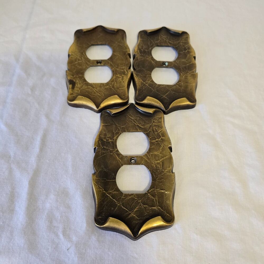 3 Vintage Amerock Carriage House Brass Finished Metal Outlet Covers Curled Edges